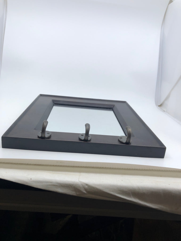 SMALL ESPRESSO WOOD MIRROR W 3 HOOKS.