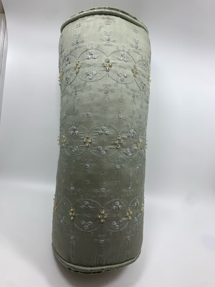 BEADED CYLINDER PILLOW W/CROSS STITCH.