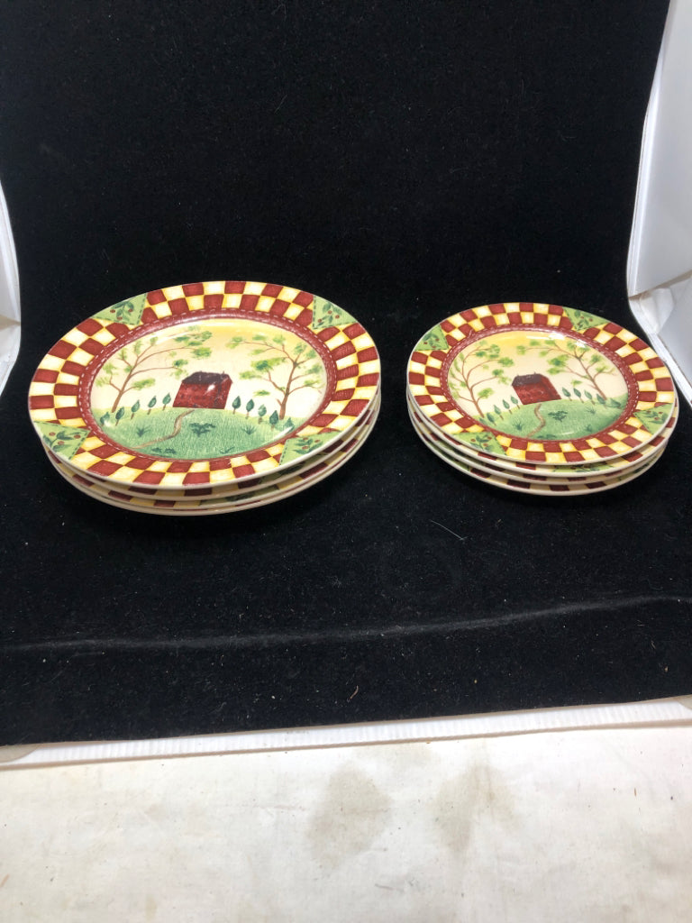 8pc PRIMITIVE CHECKERED THOMSON POTTERY DISH SET.