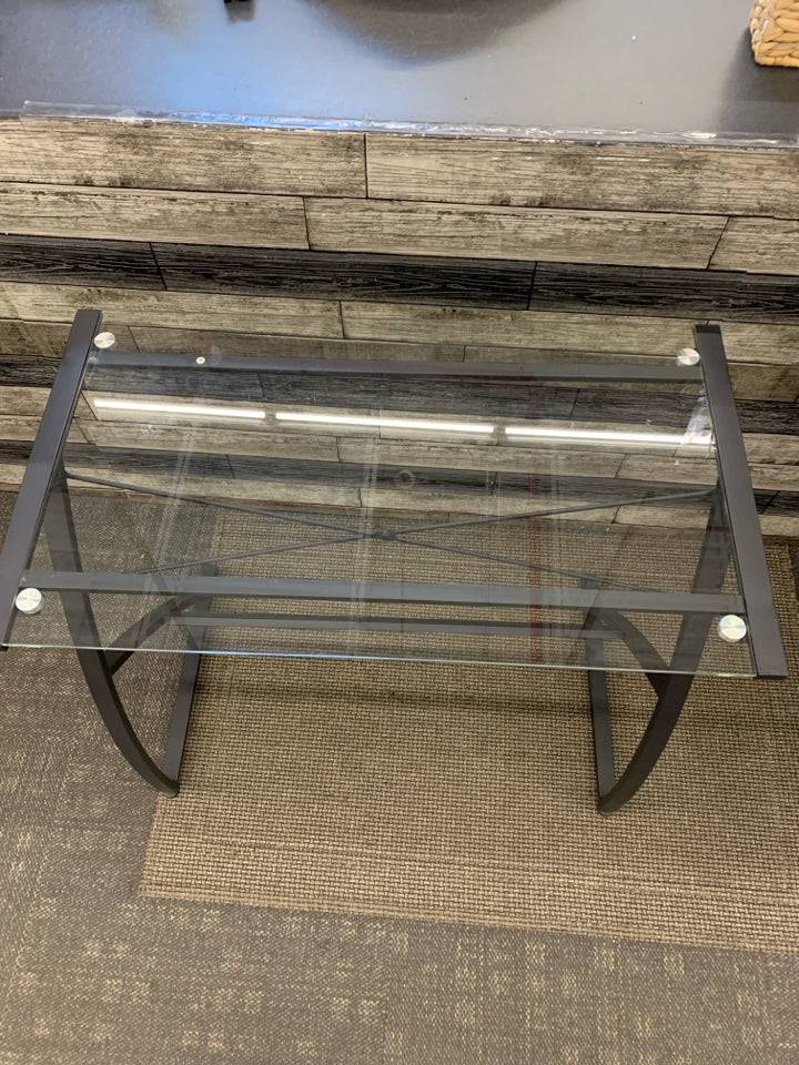 MODERN GLASS-TOP WRITING DESK W/GRAY METAL FRAME.