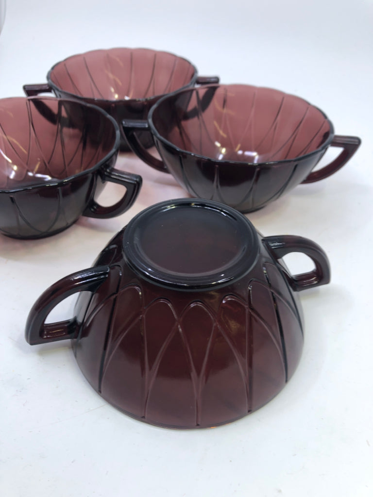4 VTG PURPLE DOUBLE HANDLE SOUP BOWLS.