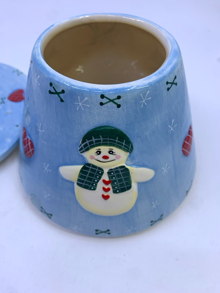 2PC BLUE SNOWMAN CANDLE PLATE AND SHADE.