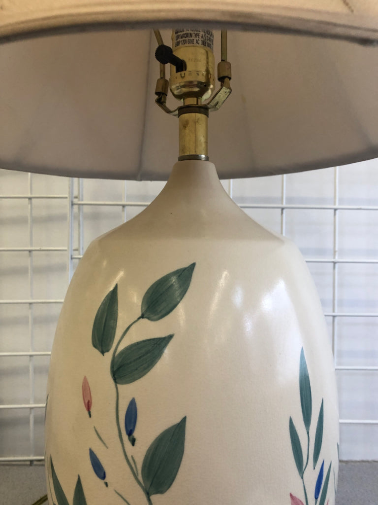 CREAM CERAMIC BASE W/ BLUE+PINK ROSES,VINES LAMP.