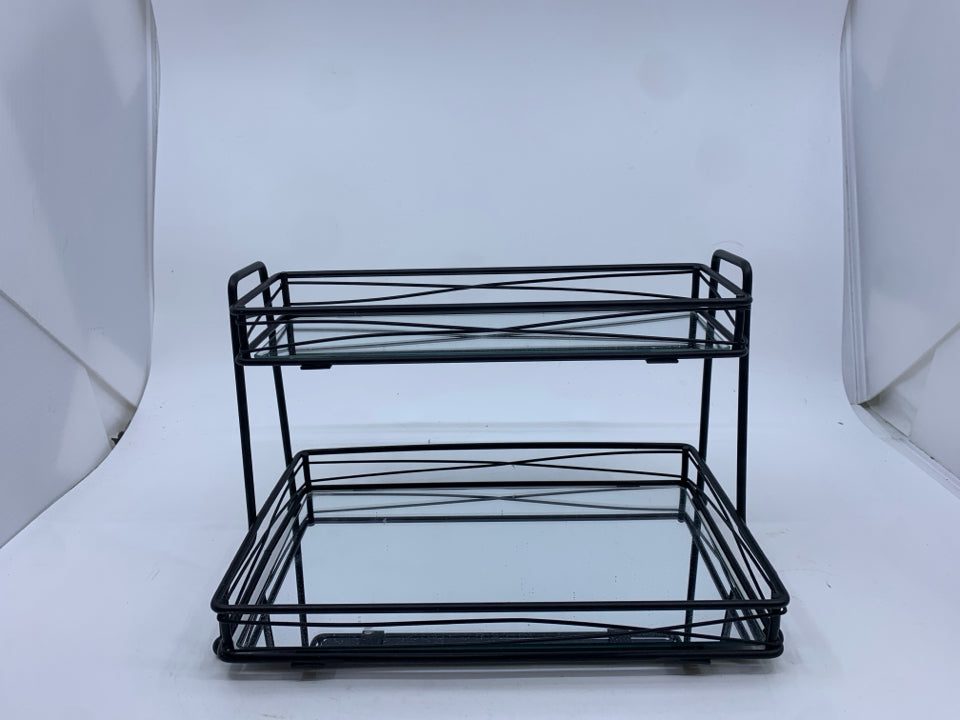 2 TIER BLACK METAL/GLASS MIRROR MAKEUP ORGANIZER.