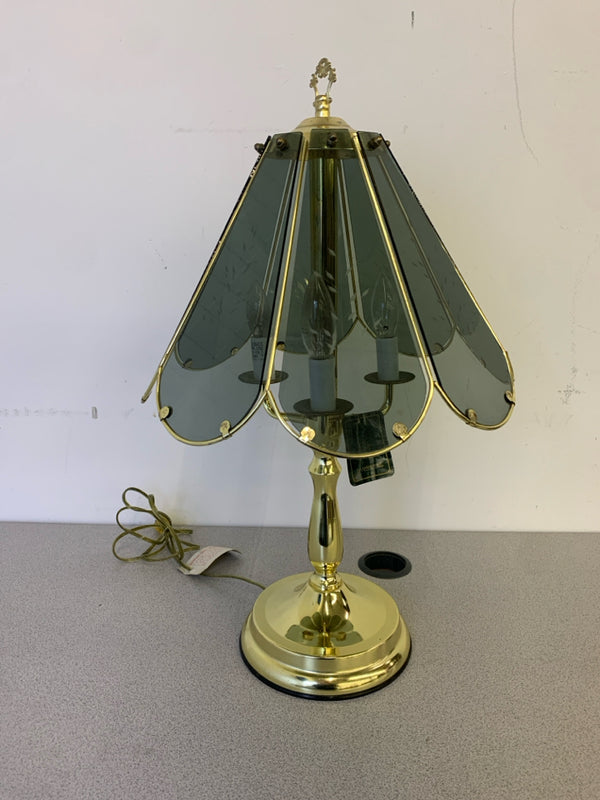 BRASS TOUCH LAMP W/ DARK FROSTED SHADE.