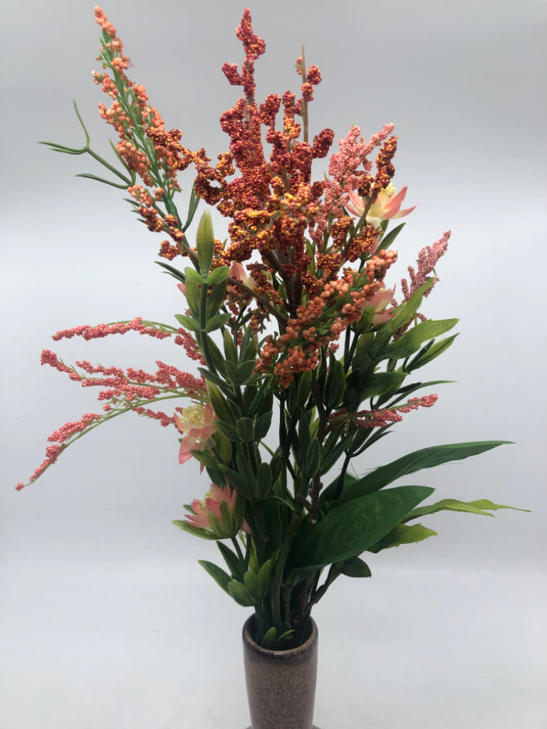 PINK FLORALS IN SM BROWN VASE.