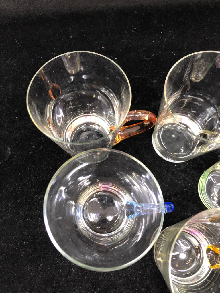 5 GLASS DRINKING CUPS W COLORED HANDLES.