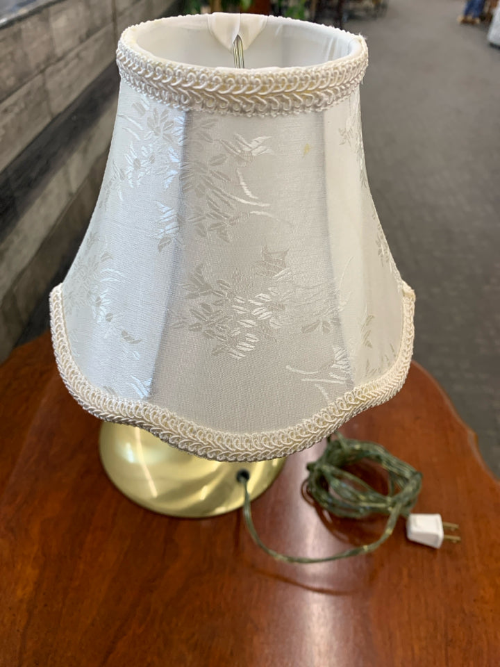 GOLD ADJUSTABLE ARM LAMP W/ SMALL WHITE SHADE.