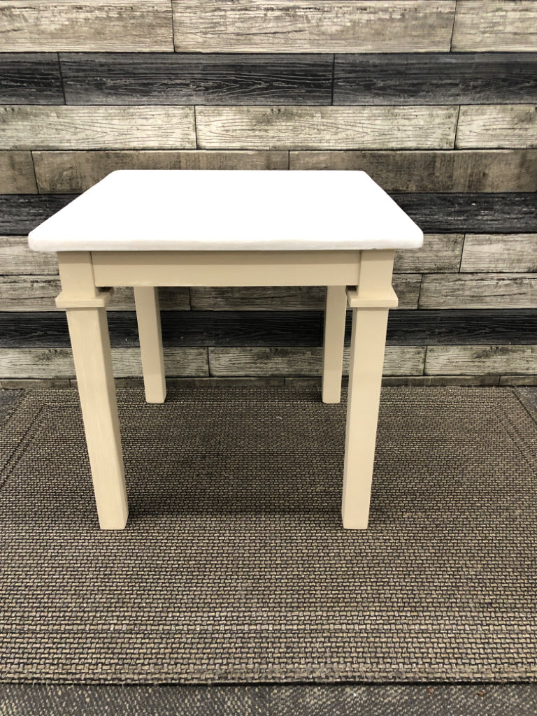 DISTRESSED WHITE TOP CREAM LEGS SIDE TABLE.