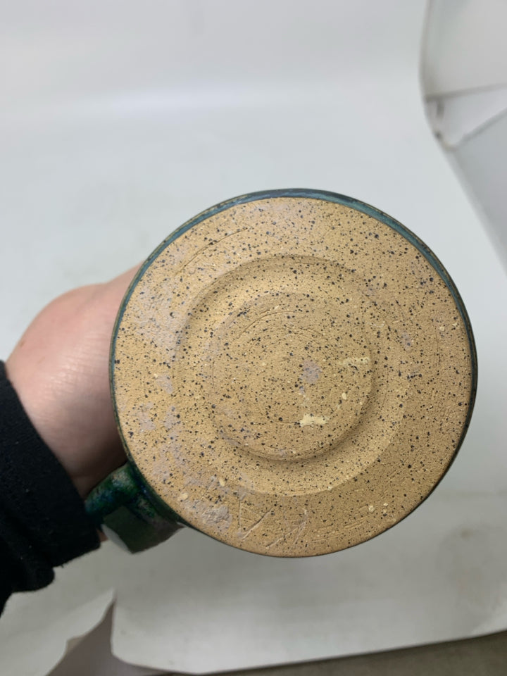 SHORT THICK GREEN/BLUE OMBRE POTTERY MUG.