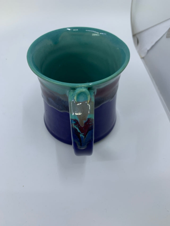 TEAL/DARK PURPLE POTTERY MUG.