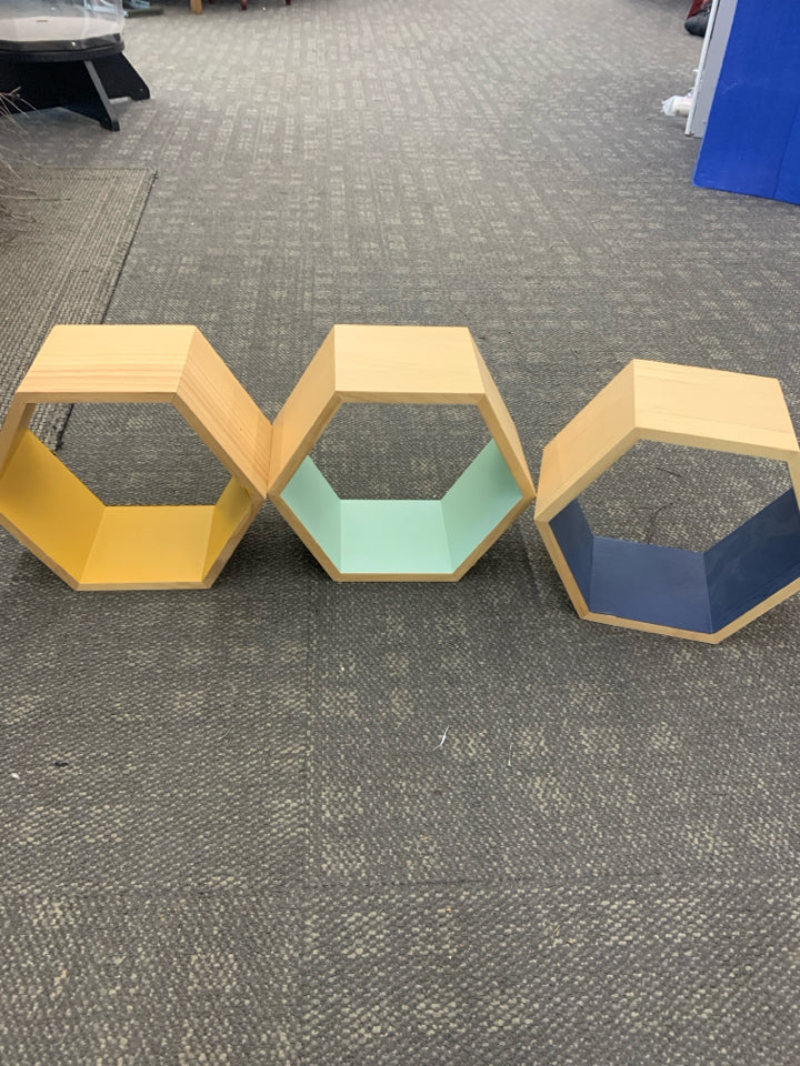 3 COLORFUL HEXAGON WALL SHELVES.