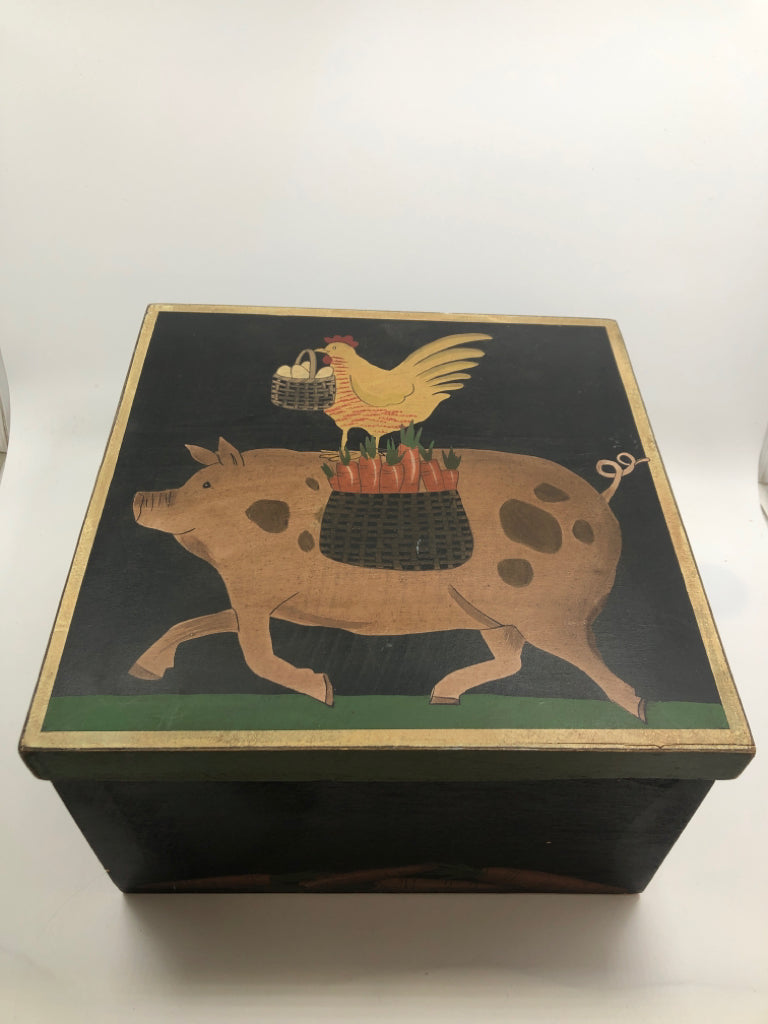 PRIMITIVE ROOSTER ON PIG STORAGE BOX.