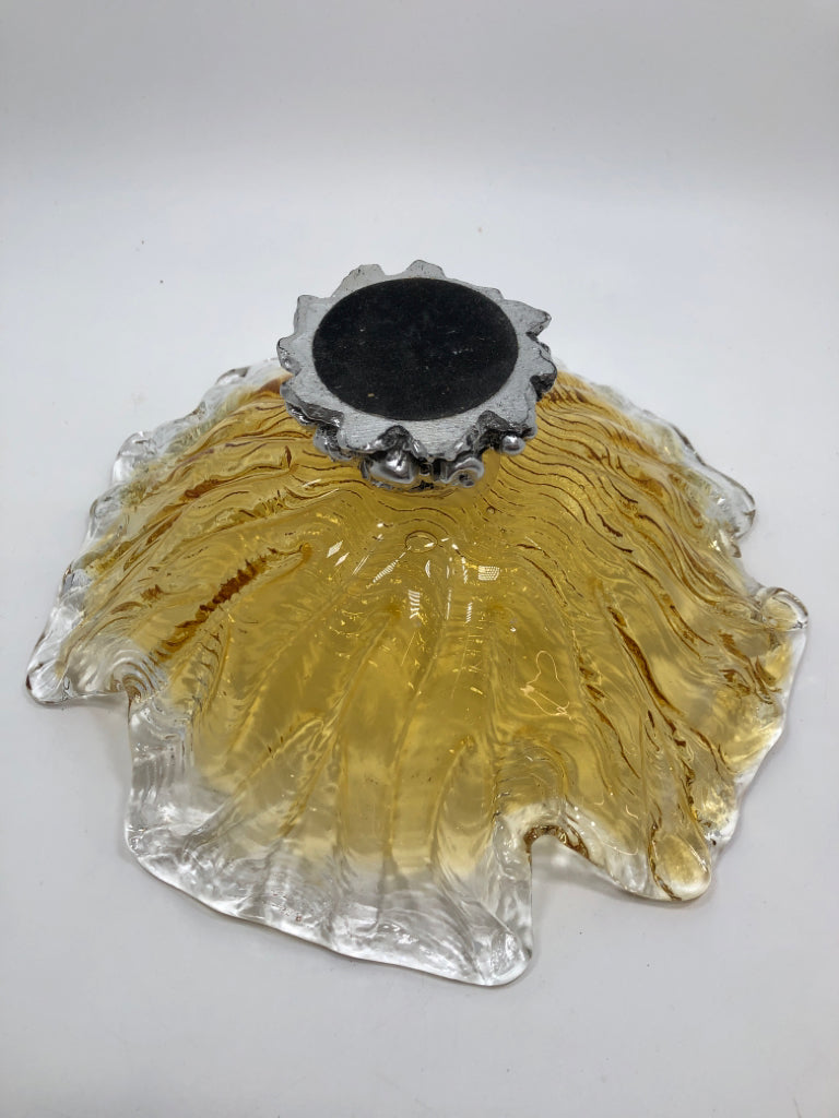YELLOW STRETCH GLASS BOWL W/SILVER BASE.