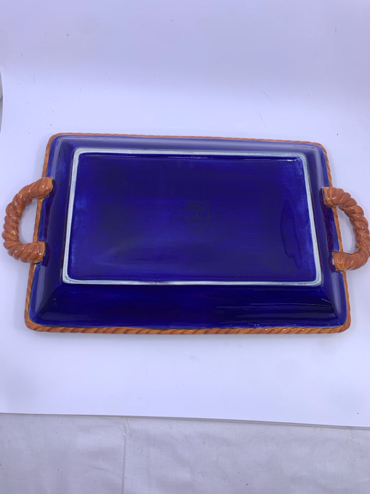BLUE FLOWER BRAIDED EDGE CERAMIC SERVING PIECE W/HANDLES.