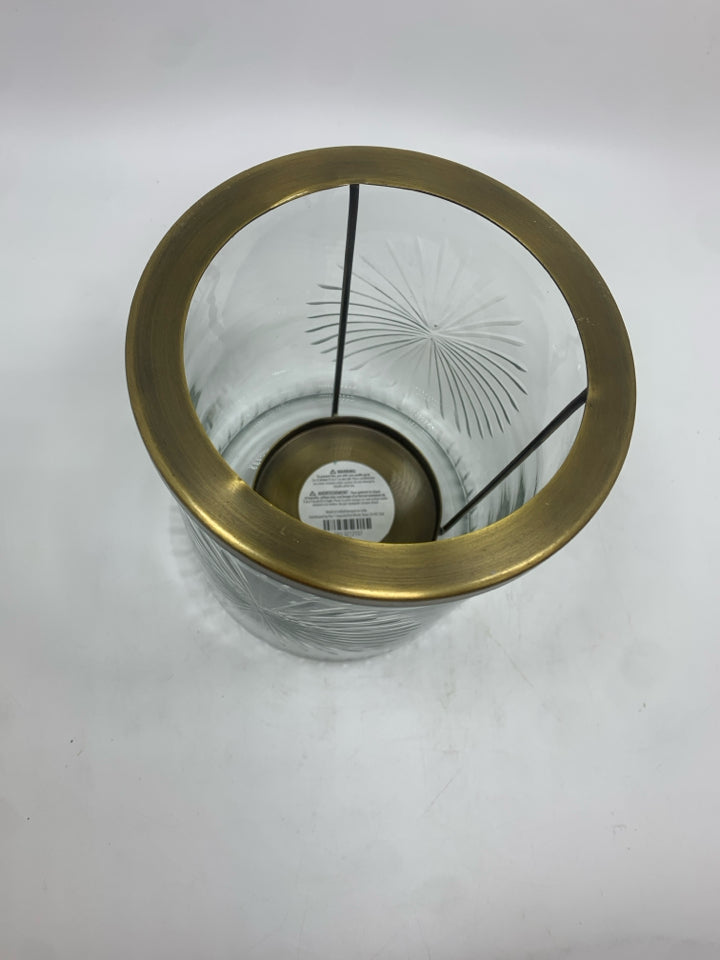 ETCHED GLASS HURRICANE CANDLE HOLDER W/BRASS RIM.