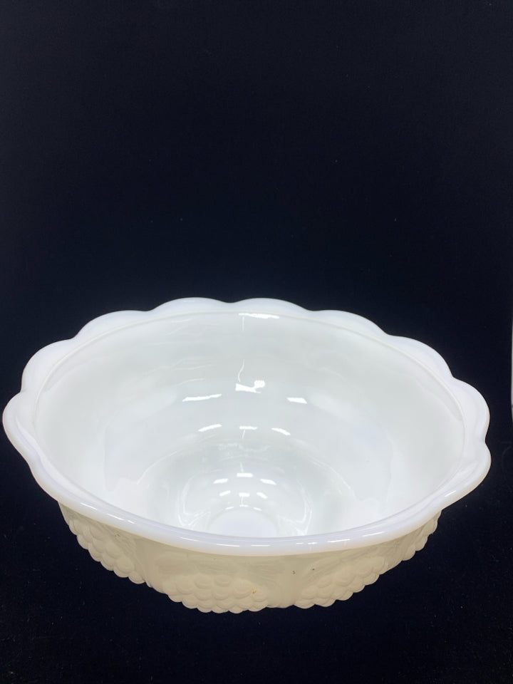 VTG RUFFLED EDGE MILK GLASS PUNCH BOWL W/EMBOSSED GRAPES.