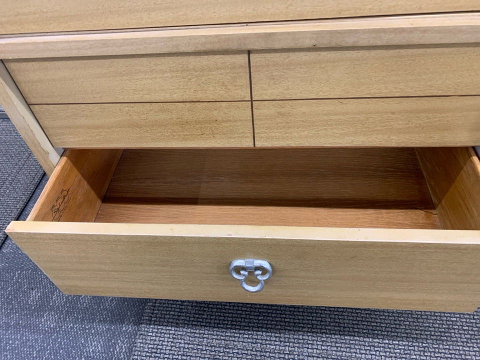 VTG BLONDE DESK W 3 DRAWERS.