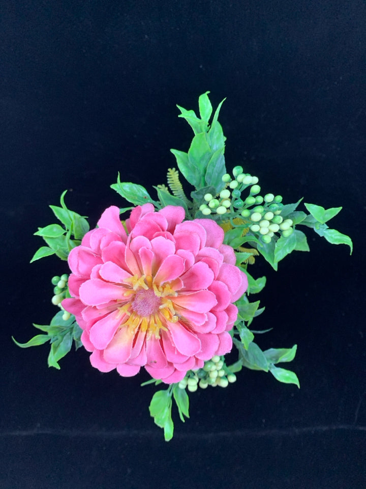 FAUX CARNATION IN GLASS AND SILVER MUG W/MARBLES.