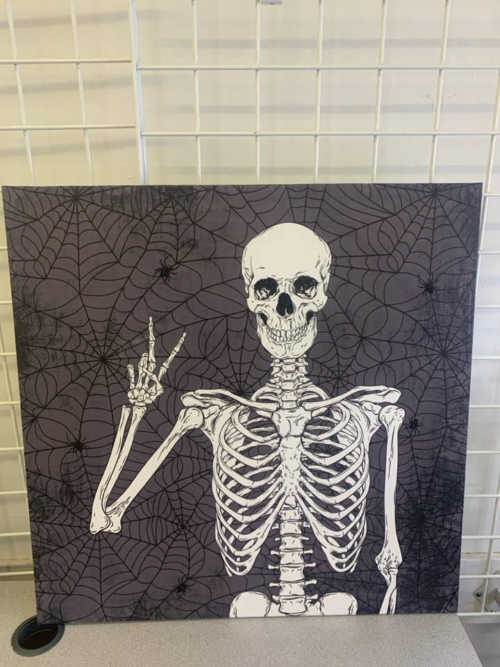 SKELTON THROWING UP PEACE SIGN SPIDER WEB BACKGROUND WALL CANVAS.