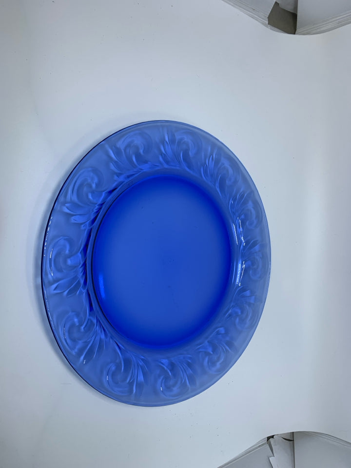 COBALT BLUE GLASS PLATTER W/ EMBOSSED SWIRL EDGE.