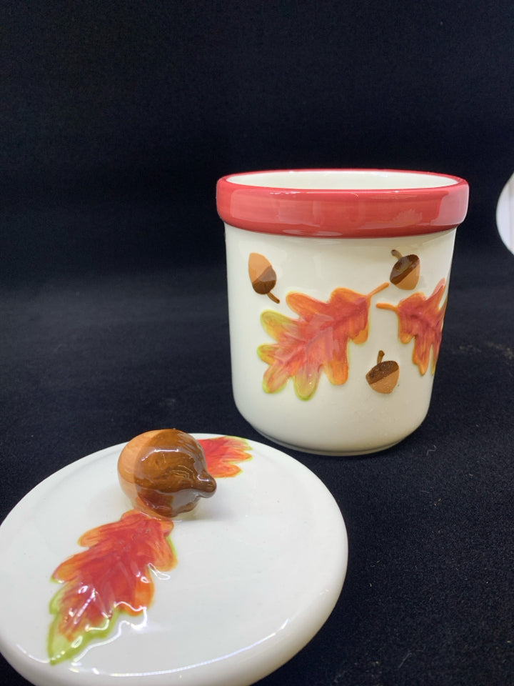 LEAF, ACORN EMBOSSED CERAMIC CANISTER W/LID.