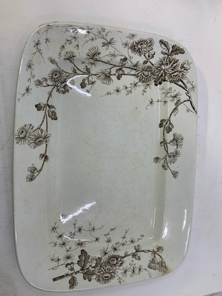 VTG SPRING BROWN FLOWERS RECTANGLE PLATTER.