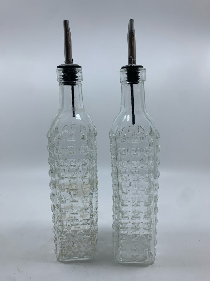 2 BUBBLE GLASS OIL/VINEGAR BOTTLES.