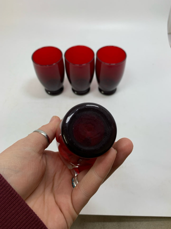 4 RUBY RED GLASS SMALL JUICE GLASSES.