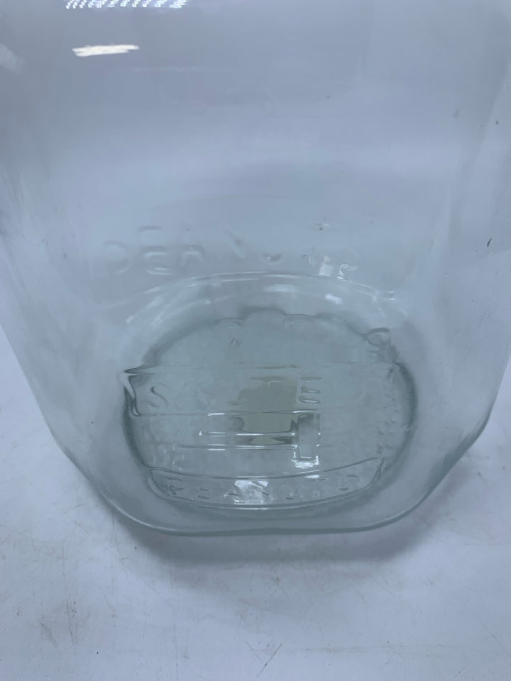 LARGE CLEAR GLASS "PEANUT" CANISTER.