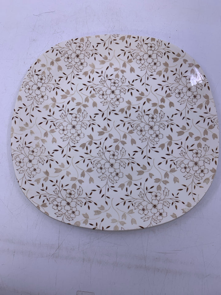 TAN FLORAL SQUARE ROUNDED PLATE.