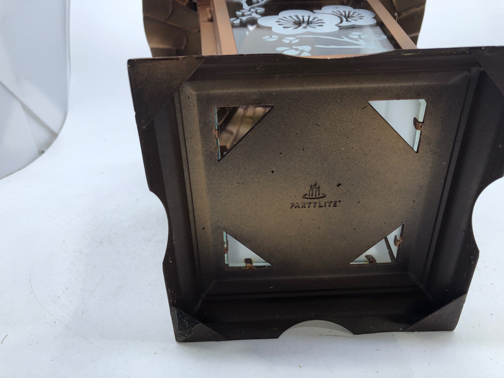 BRONZE METAL LANTERN WITH EMBOSSED FLOWER DESIGN ON GLASS AND FROSTED GLASS PANE