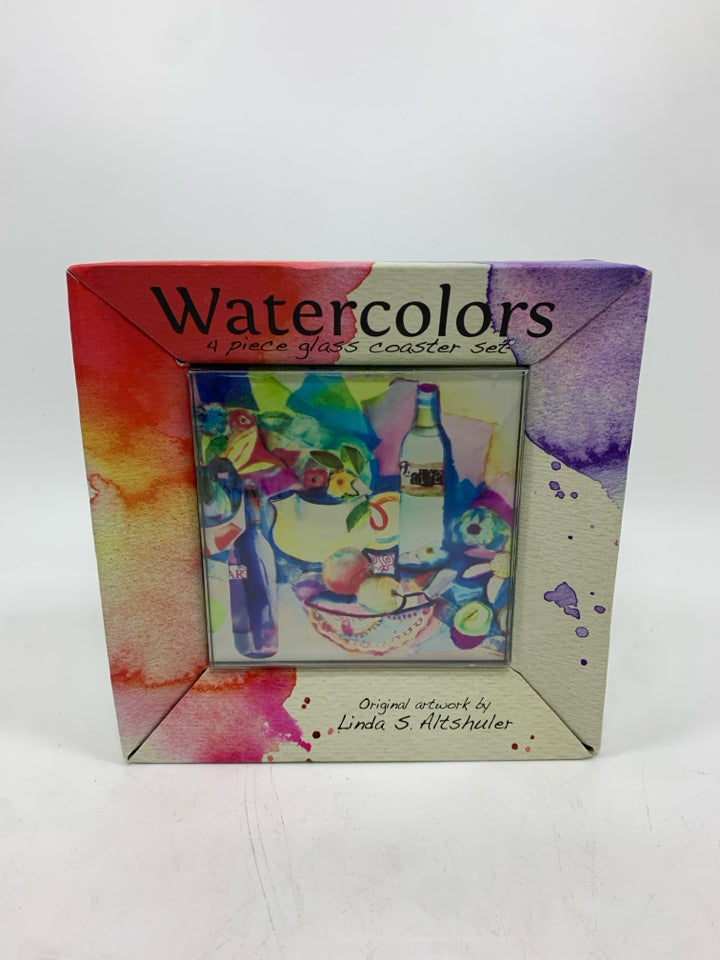 NIB 4PC WATERCOLOR GLASS COASTERS.