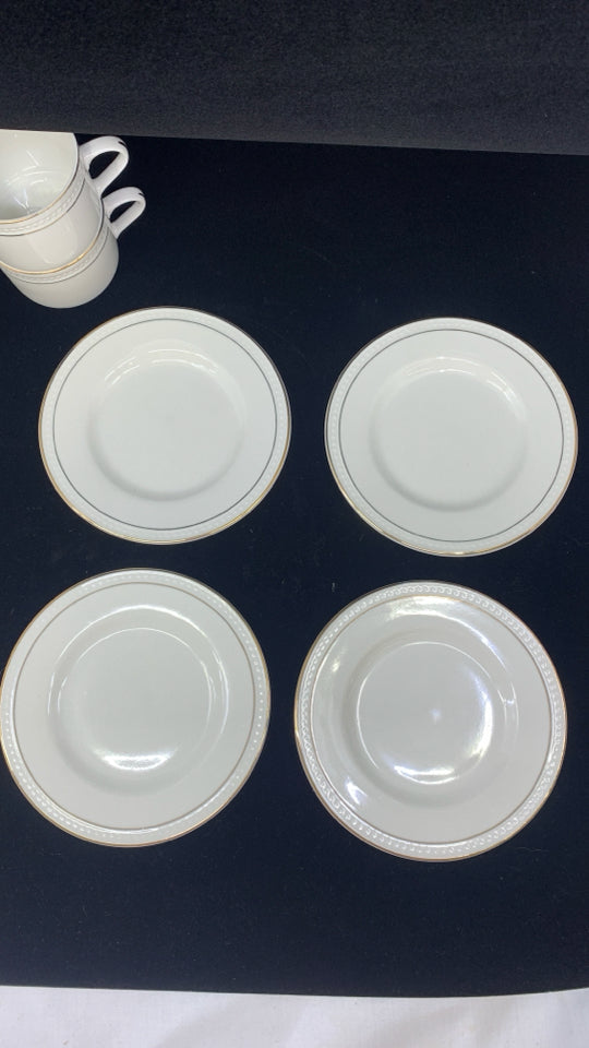 4 CREAM CUPS + SAUCERS- CREAM W/GOLD RIM.