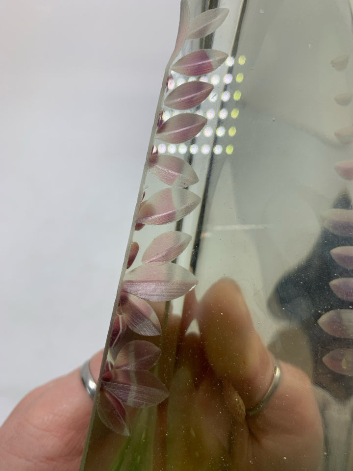 ETCHED PINK FLOWER TALL GLASS FIGURINE.