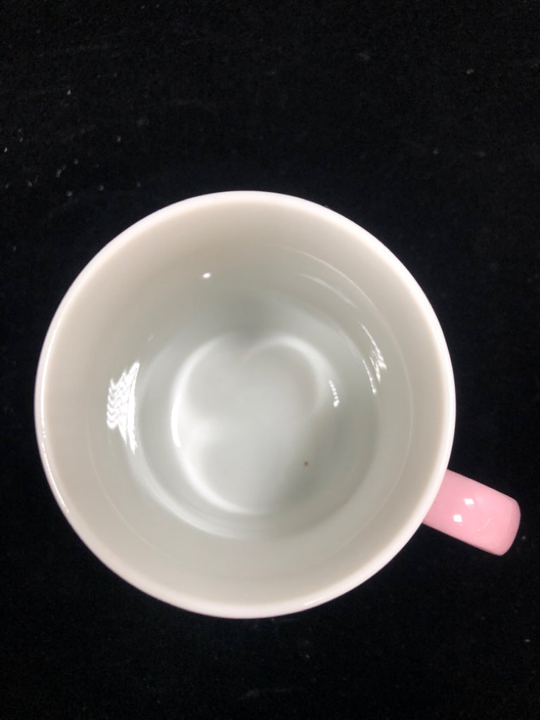 4 WHITE MUGS W/MULTI COLORED HANDLES.