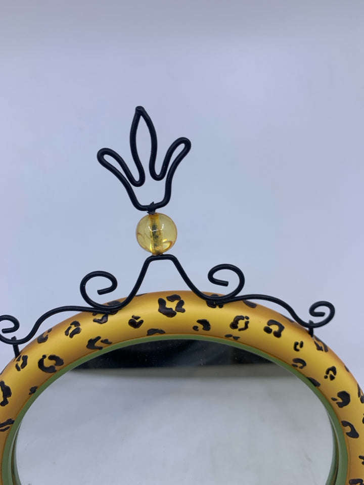 CIRCLE CHEETAH PRINT FRAME MIRROR W/ STAND.