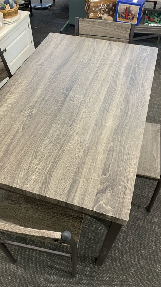 GREY AND METAL DINING TABLE W/4 CHAIRS.