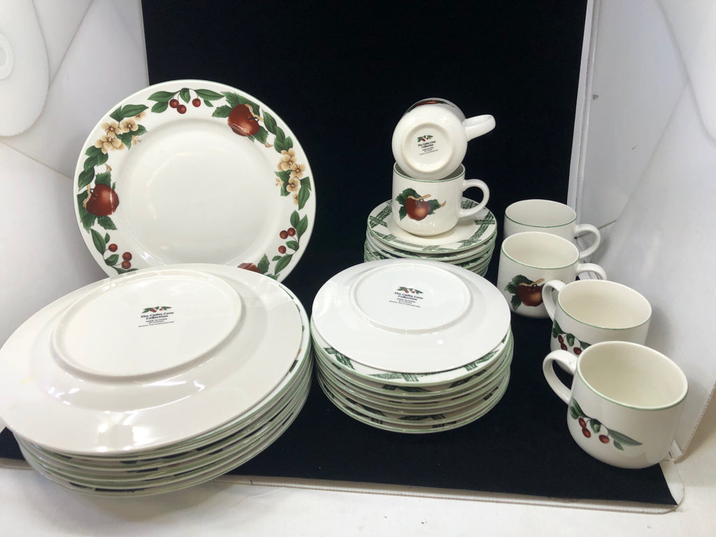 32 PC FLORAL + APPLE DESIGN DISH SET.