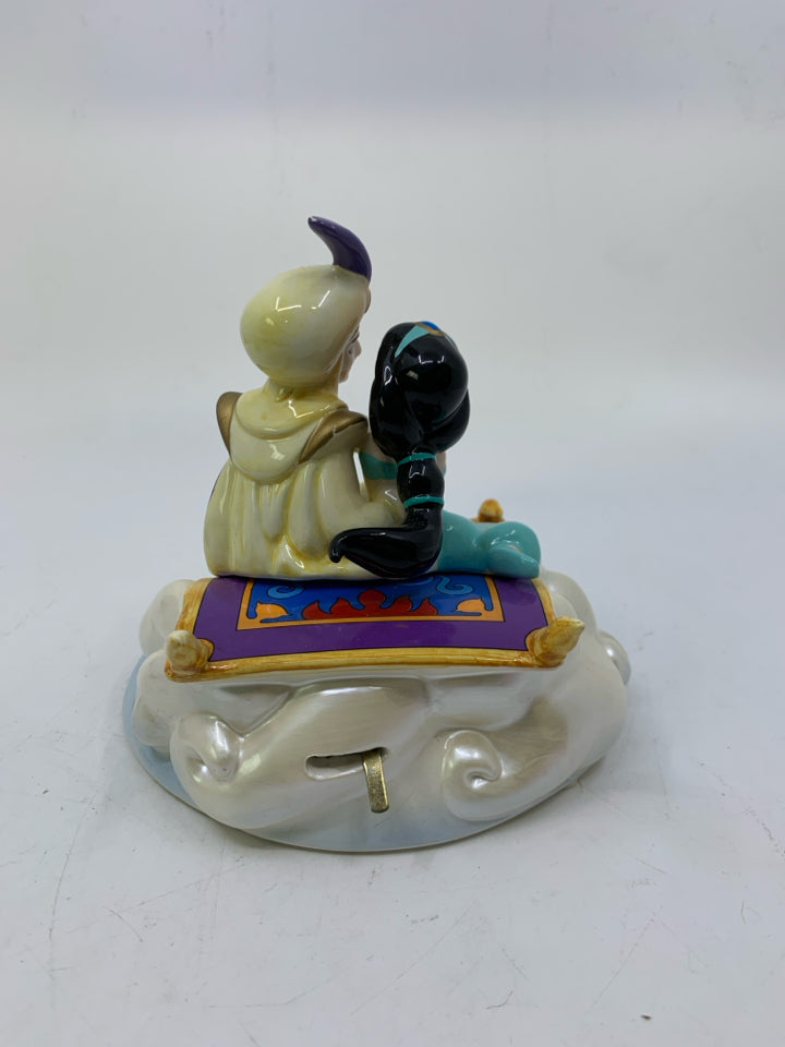 CERAMIC ALADDIN & JASMINE ON MAGIC CARPET MUSIC BOX.