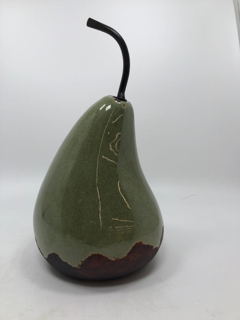 GREEN GLAZE CERAMIC PEAR W/METAL STEM.