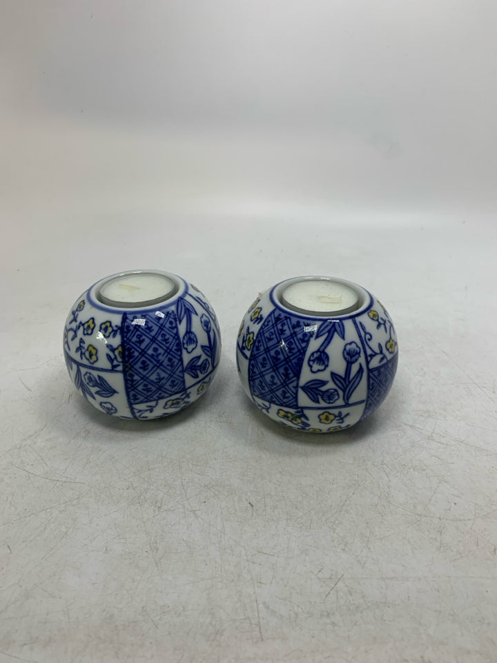 BLUE PATCHWORK/ FLORAL CERAMIC ASIAN STYLE TEA LIGHT HOLDERS.