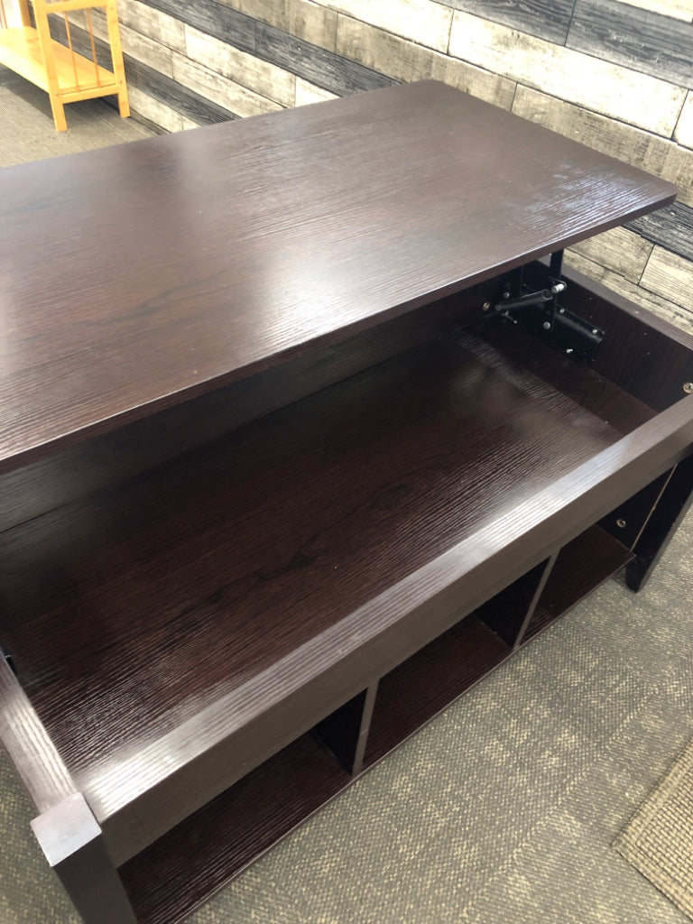 DARK FAUX CHERRY WOOD LIFT TOP COFFEE TABLE W/ 3 CUBBIES.