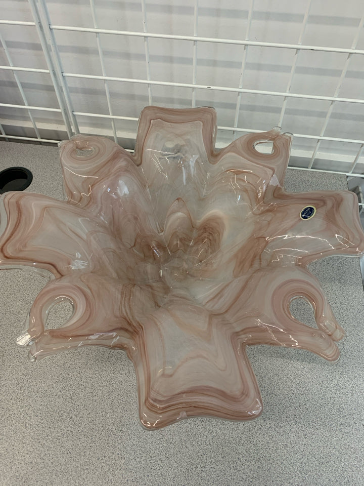 PINK SWIRL BLOWN GLASS BOWL W/RUFFLED EDGE.