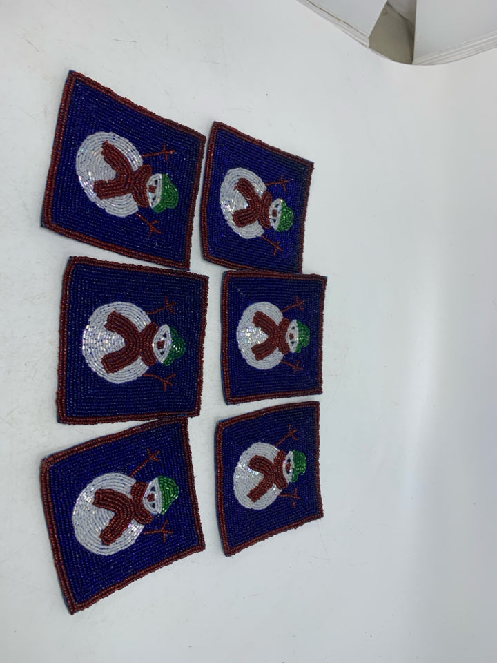6 DARK BLUE BEADED SNOWMEN COASTERS.