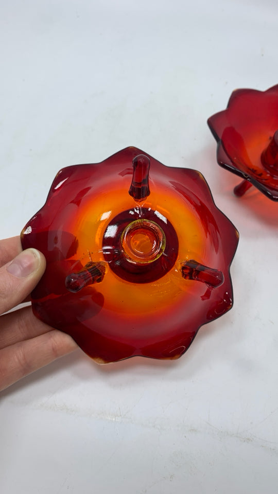 2 VTG AMBERINA GLASS FLOWER SHAPED CANDLE HOLDERS.