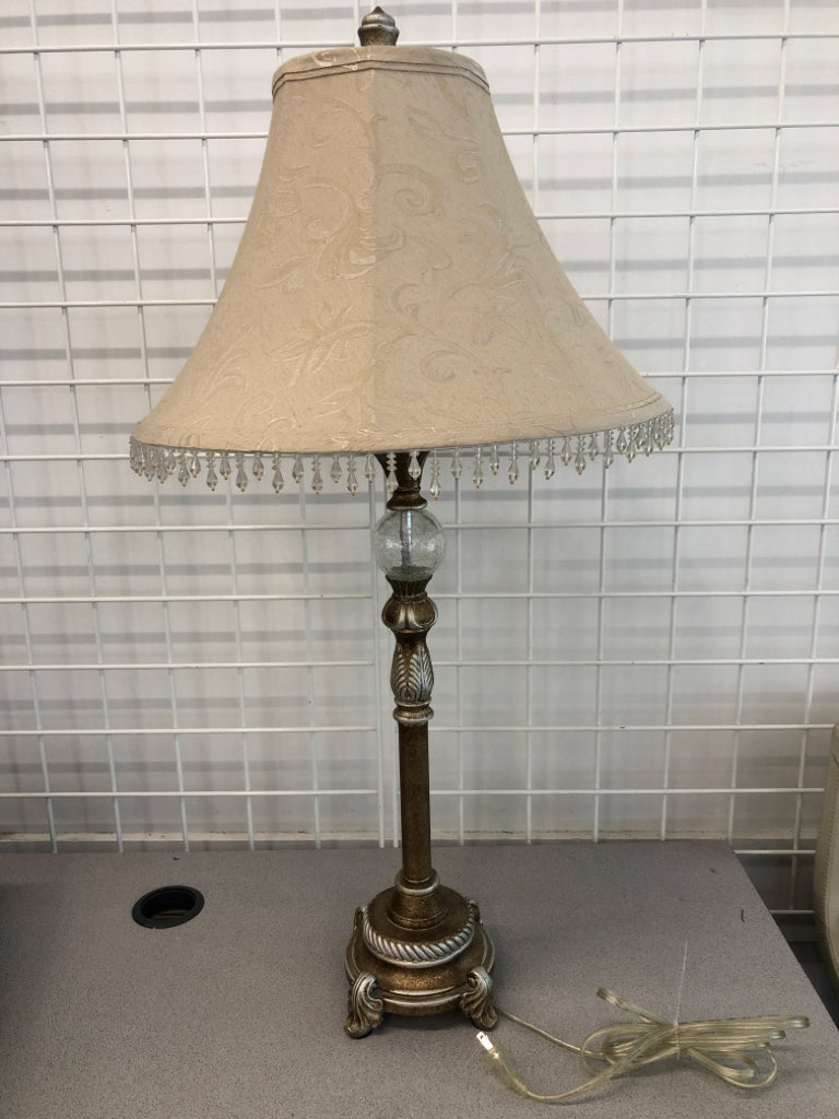 ELEGANT GLASS ORB LAMP W/ DANGLE BEADS.