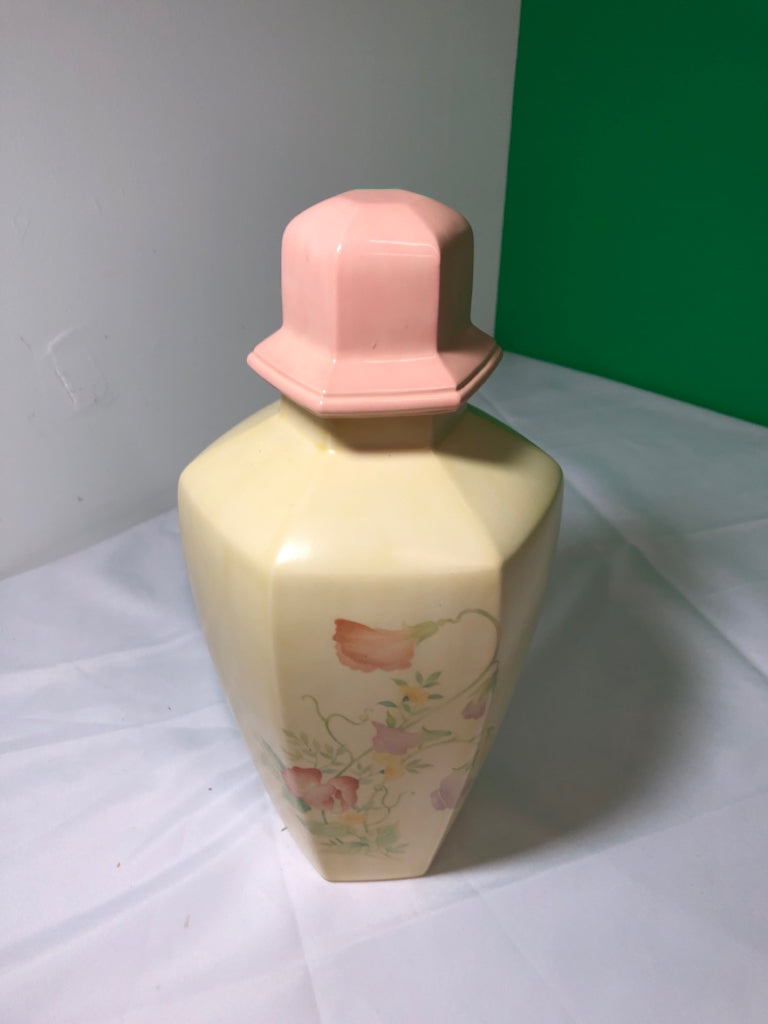 HANDMADE PALE YELLOW/PINK FLORAL GINGER JAR.