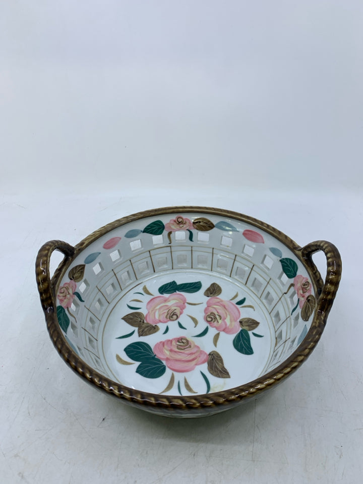 CERAMIC BASKET BOWL PINK ROSES BROWN EDGE PIERCED.