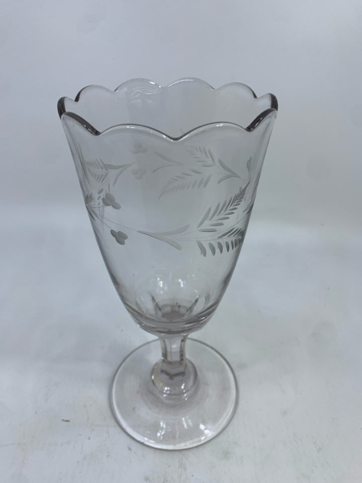 VTG FOOTED CLEAR GLASS VASE W/ETCHED FLOWERS.